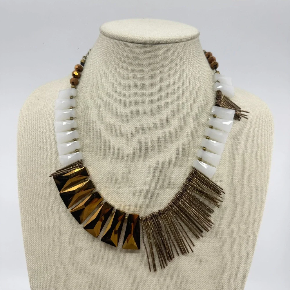 Bronze Tone  White  Geometric Bead Fringe Bib Necklace Boho Statement Jewelry